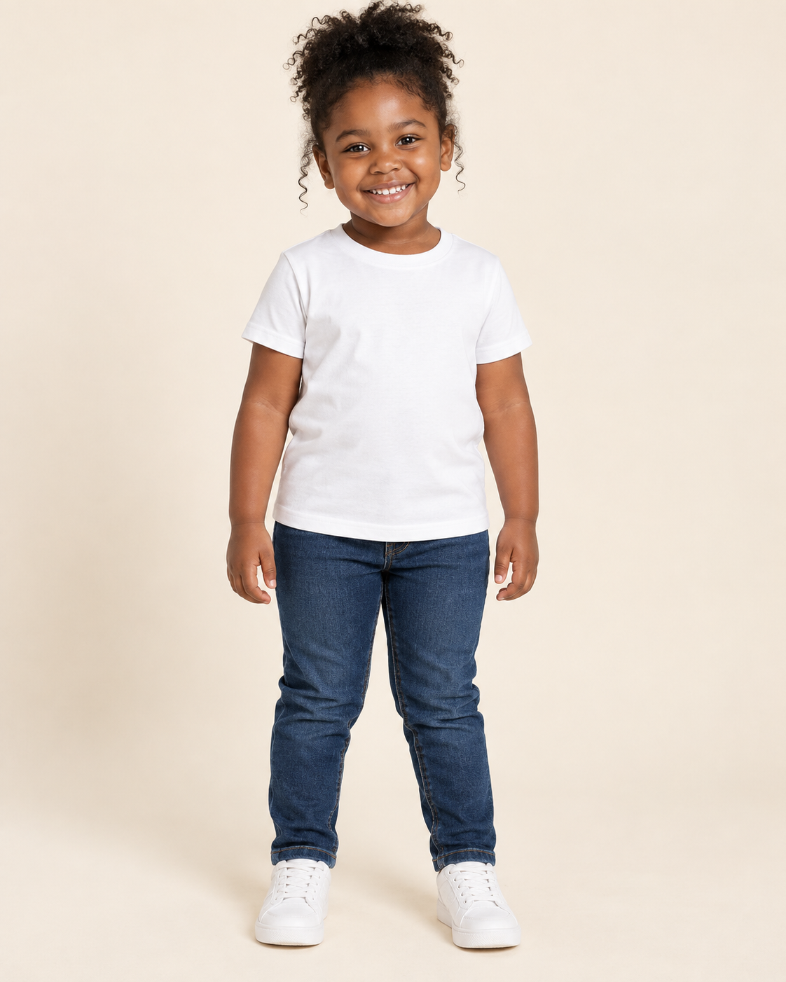 Young model wearing a blank white Bethanys Clothing T-shirt