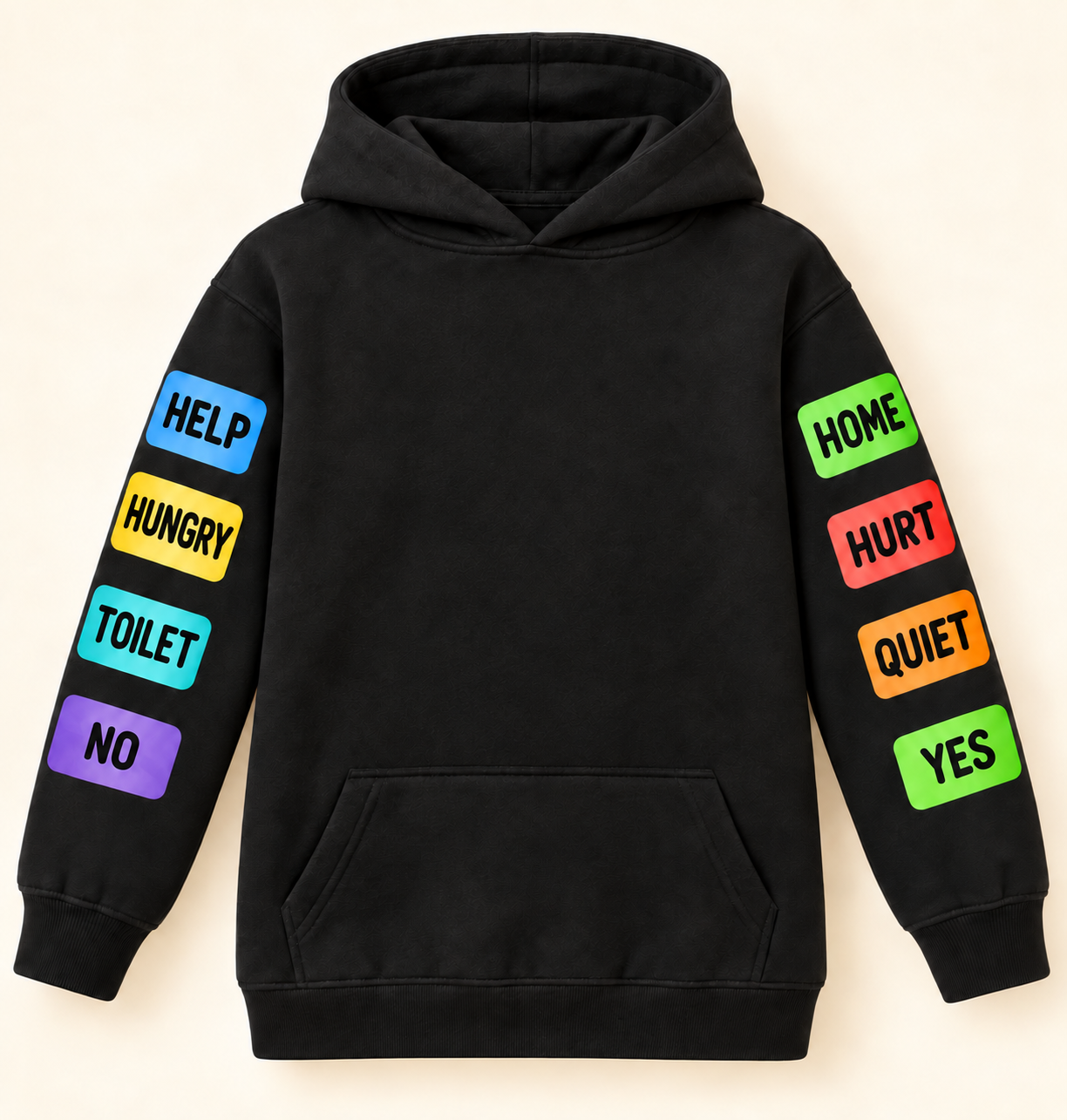 Black children's communication hoodie with Help, Hungry, Toilet and No on the left sleeve and Home, Hurt, Quiet and Yes on the right sleeve