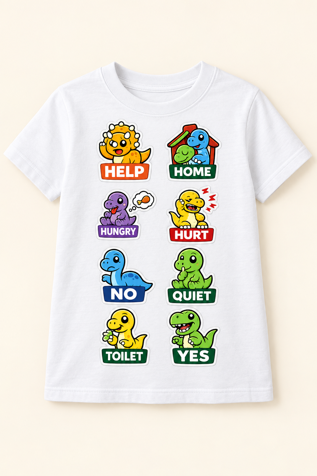 White children's communication T-shirt with Help, Home, Hungry, Hurt, No, Quiet, Toilet and Yes dinosaur symbols
