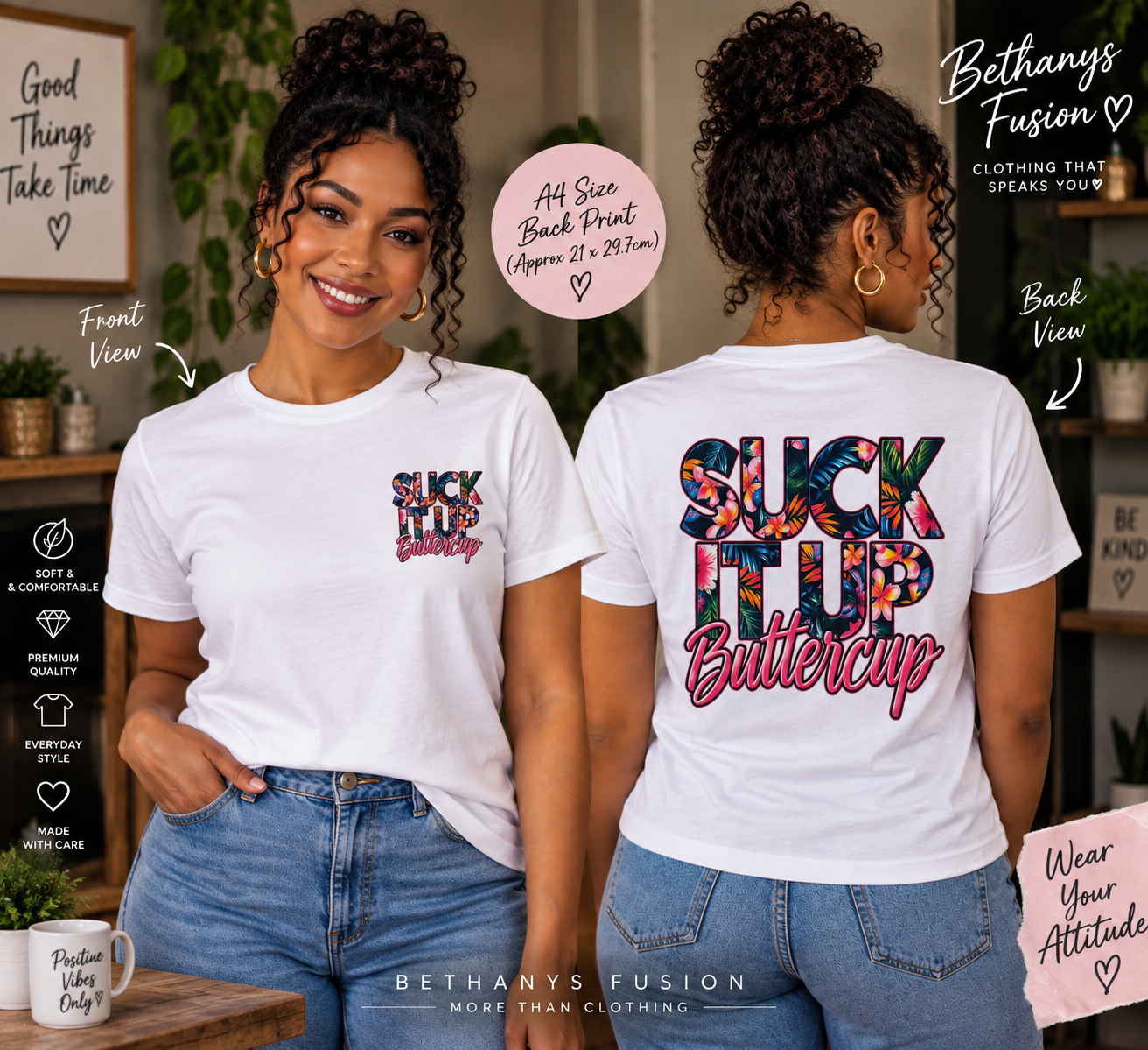 Model showing the front and back of the Suck It Up Buttercup DTF T-shirt